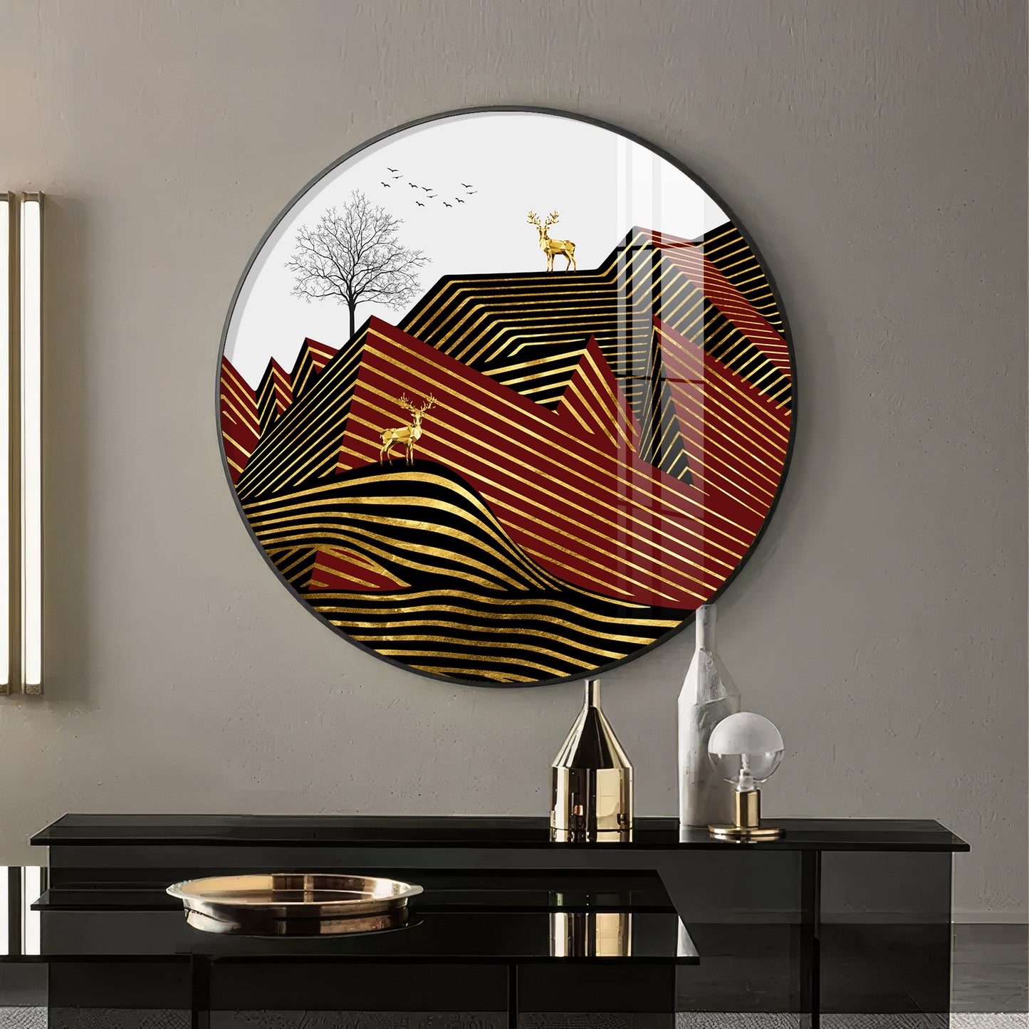 Deer and Mountain Premium Acrylic Round Wall Art