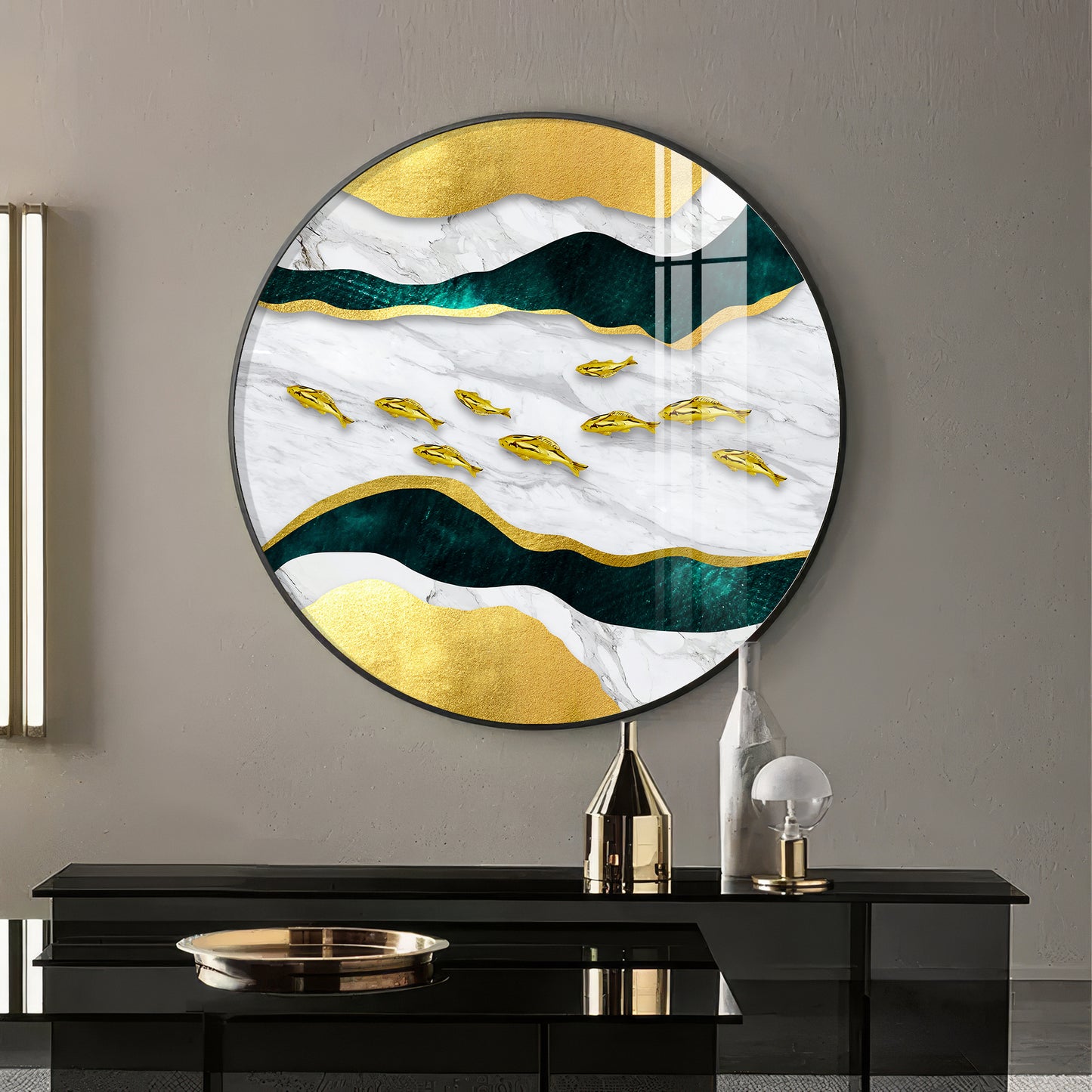 Noir & Gold Fish Premium Acrylic Round Wall Art