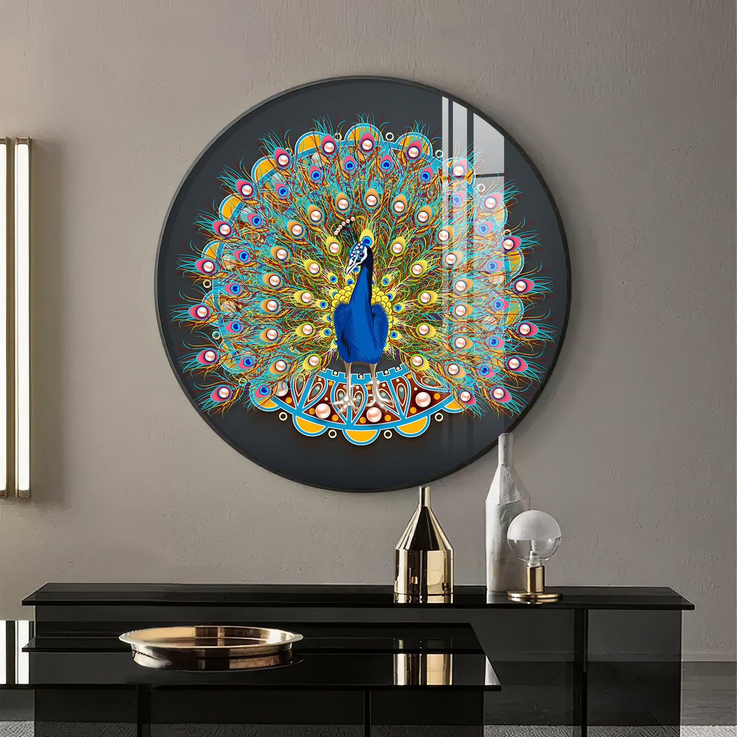 Vibrant Peacock Premium Acrylic Round Wall Art