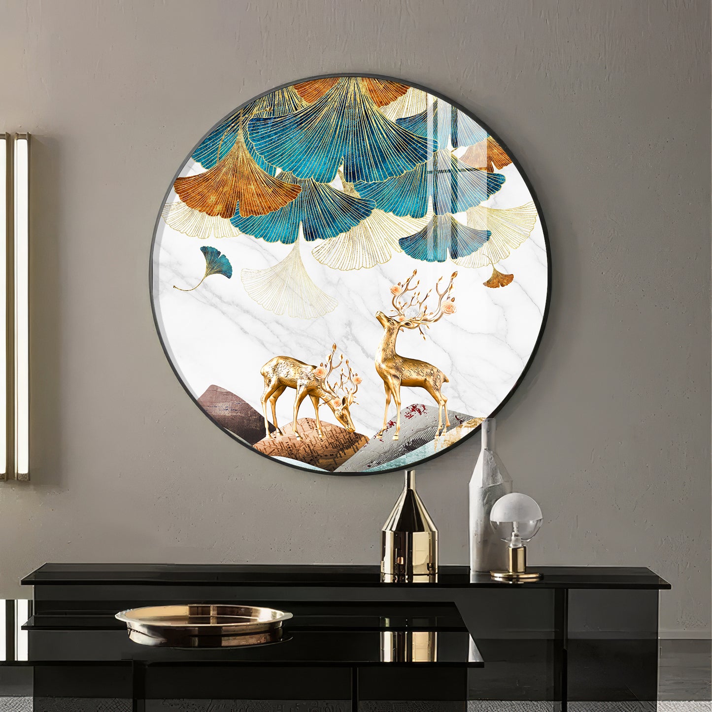 Deer and Leaves Premium Acrylic Round Wall Art