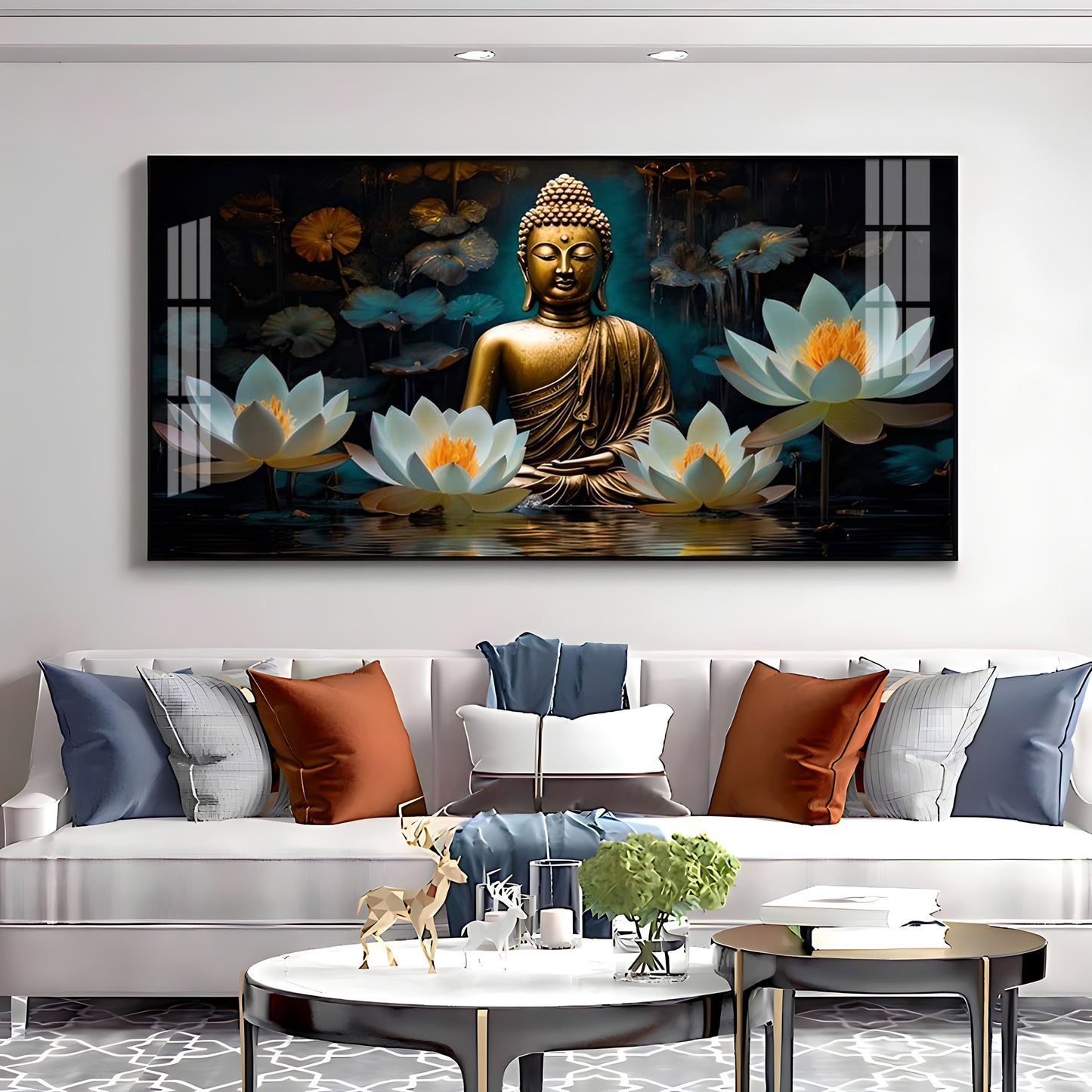 Buddha With White Lotus Premium Acrylic Horizontal Wall Art