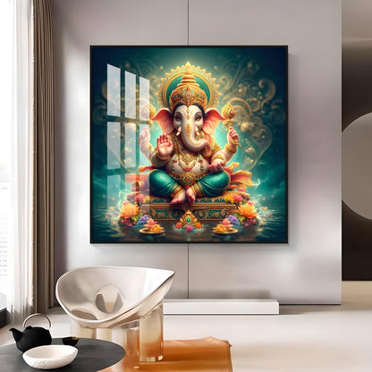 Lord Ganesh Blessings Premium Acrylic Square Wall Art