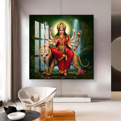 Divine Majesty Of Goddess On Tiger Premium Acrylic Square Wall Art