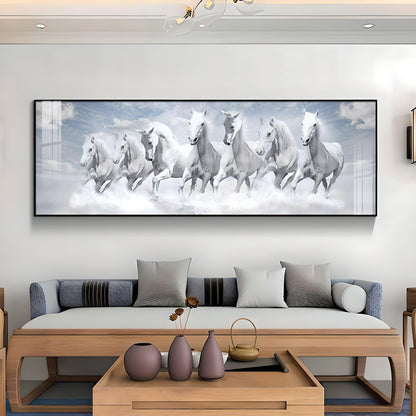 Seven Lucky Running White Horses Premium Acrylic Horizontal Wall Art