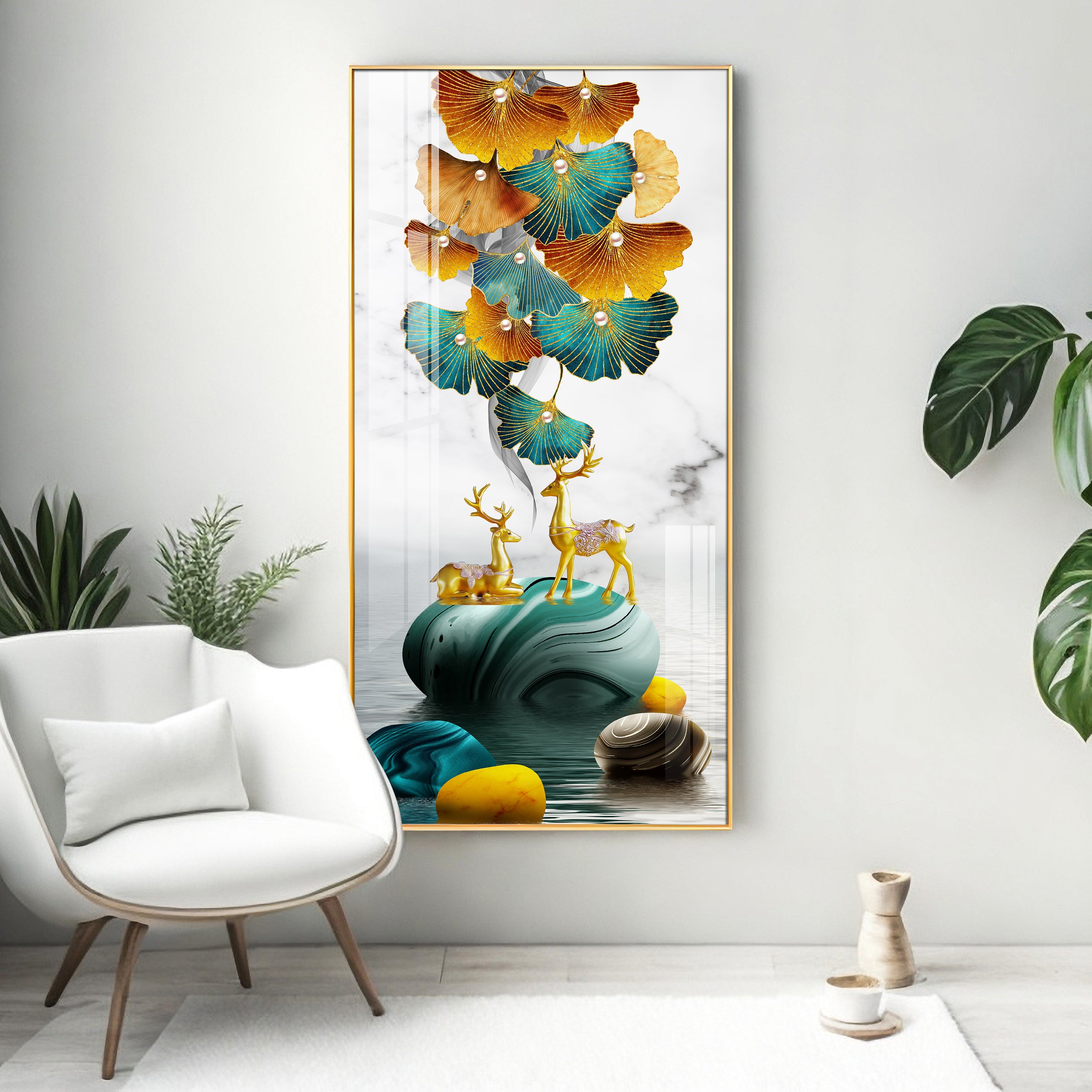 Deer With Ginkgo Leaves Premium Acrylic Vertical Wall Art
