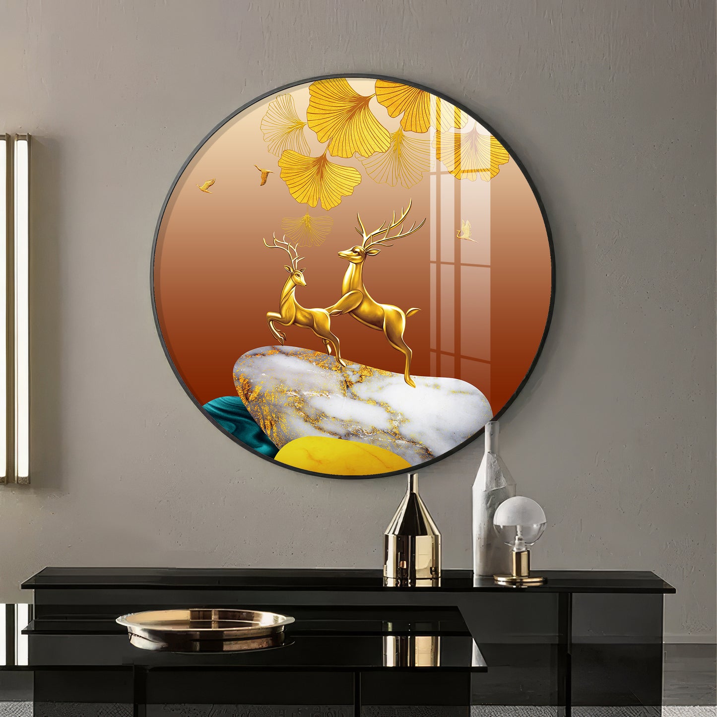 Golden Deer Duo Premium Acrylic Round Wall Art