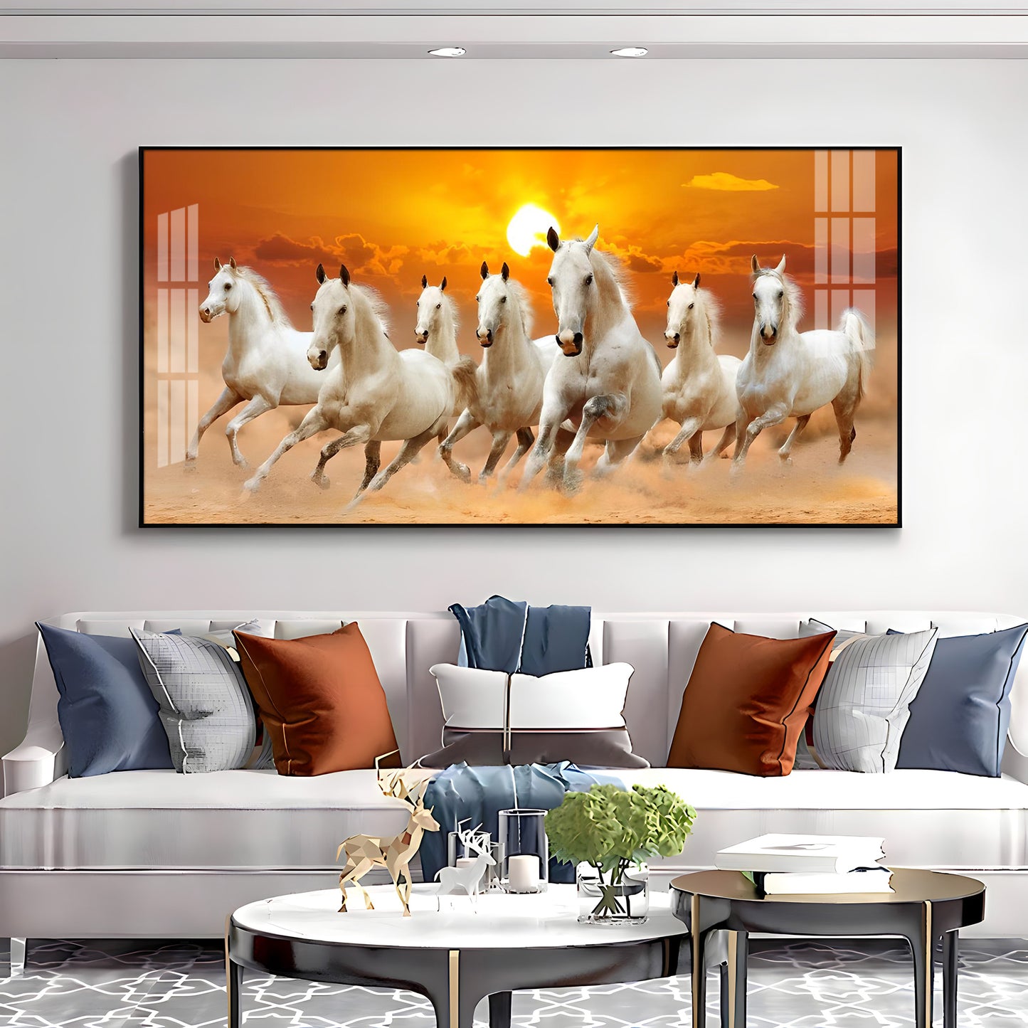 White 7 Running Horses Premium Acrylic Horizontal Wall Art