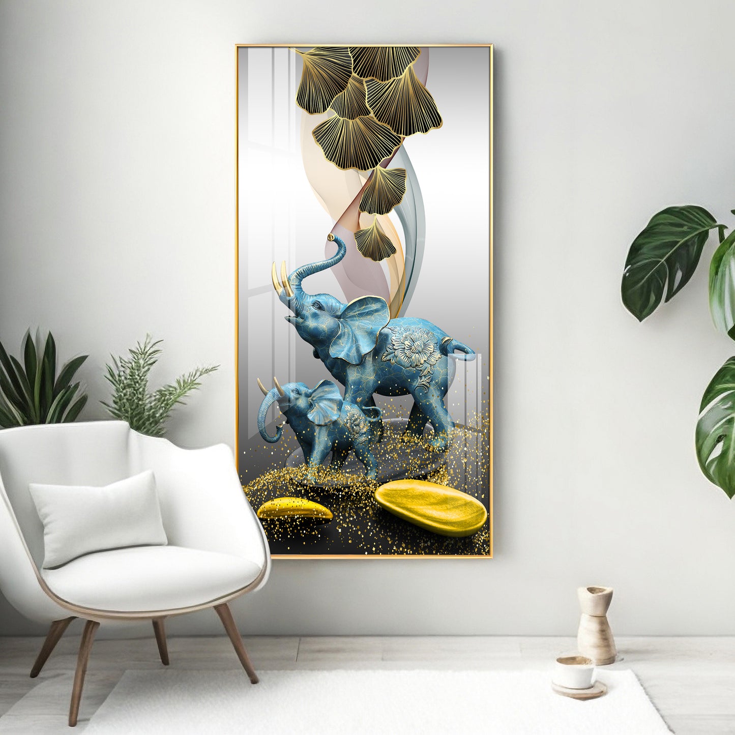 Blue Elephant With Golden Tusk Premium Acrylic Vertical Wall Art