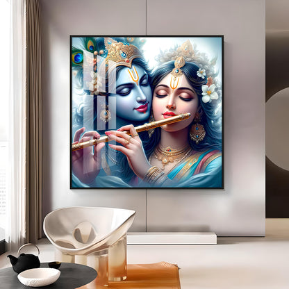 Radha Krishna With Flute Premium Acrylic Square Wall Art