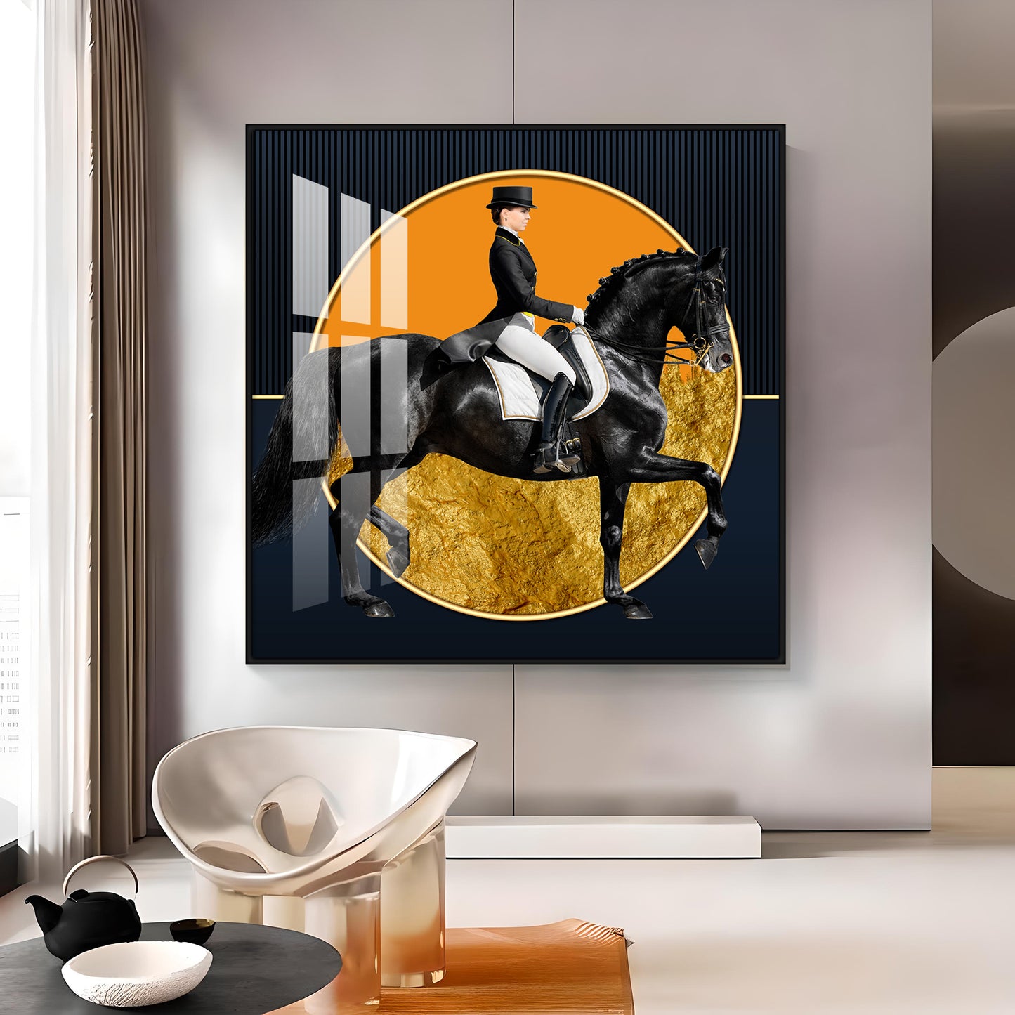 Man Riding on Black Horse Premium Acrylic Square Wall Art