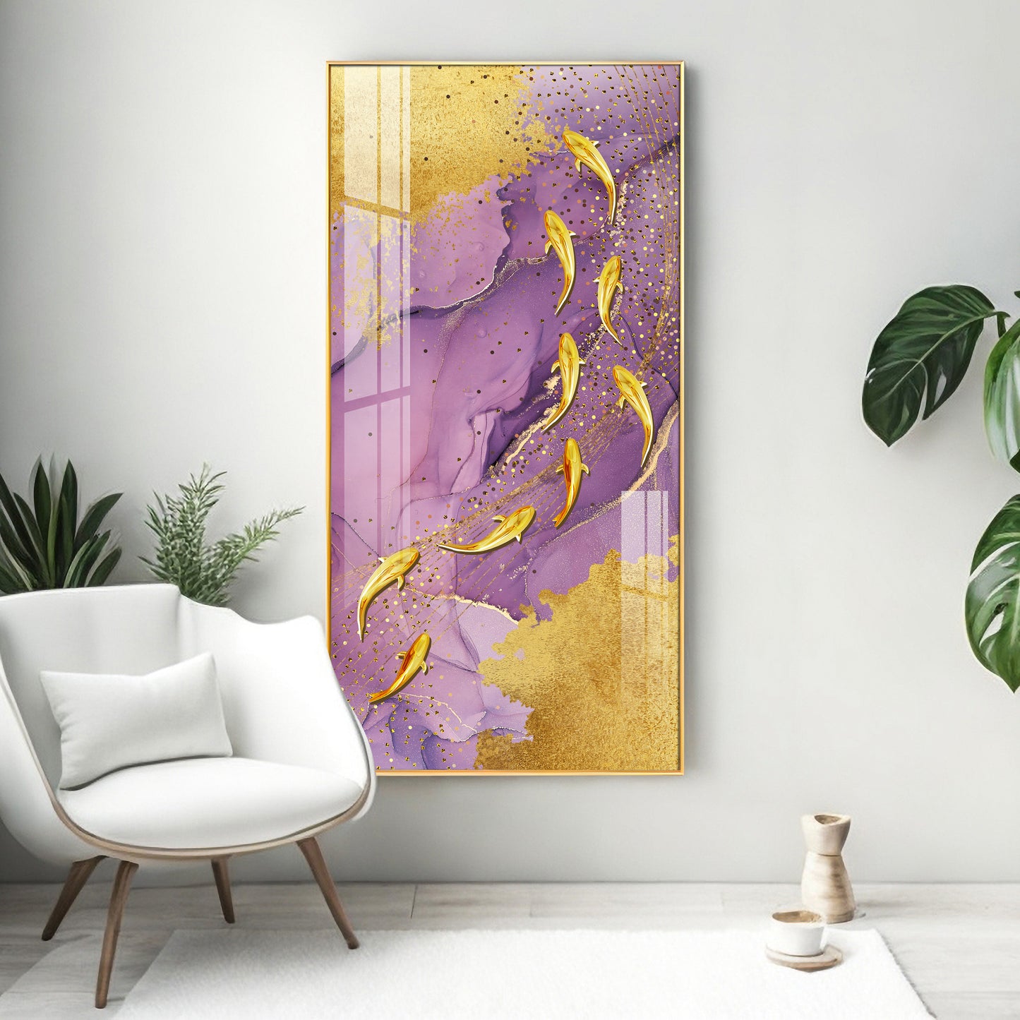 Purple Textured Golden Fish Premium Acrylic Vertical Wall Art