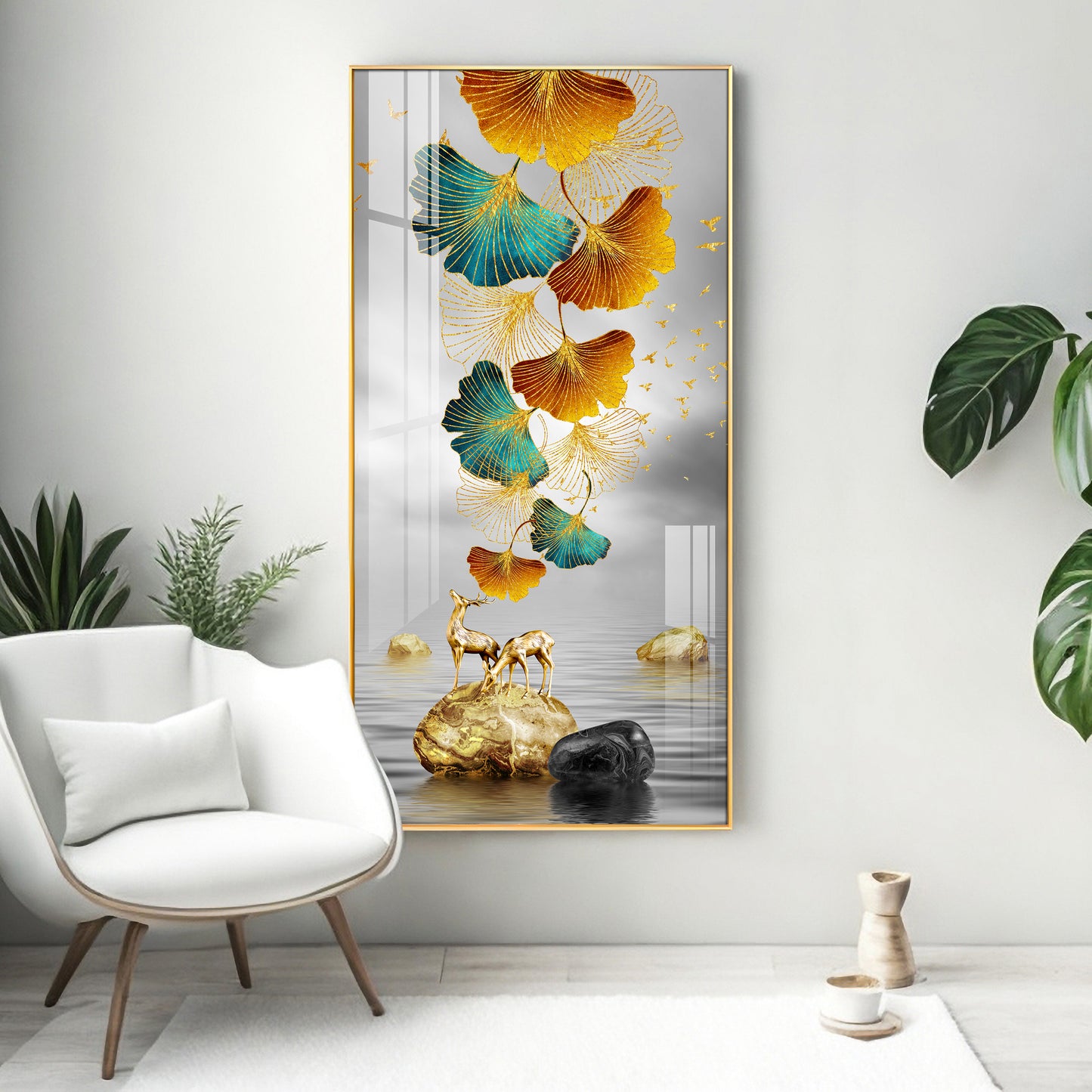 Golden Elk Leaves With Deer Premium Acrylic Vertical Wall Art