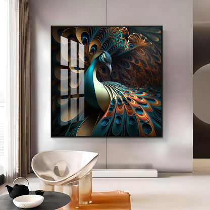 Peacock Is Shown With Large Feather Premium Acrylic Square Wall Art