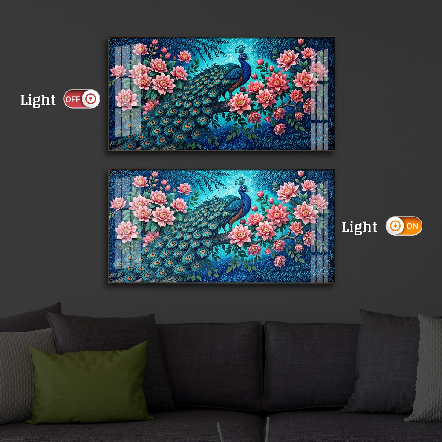 Majestic Peacock Modern Luxury Backlight Horizontal Wall Art