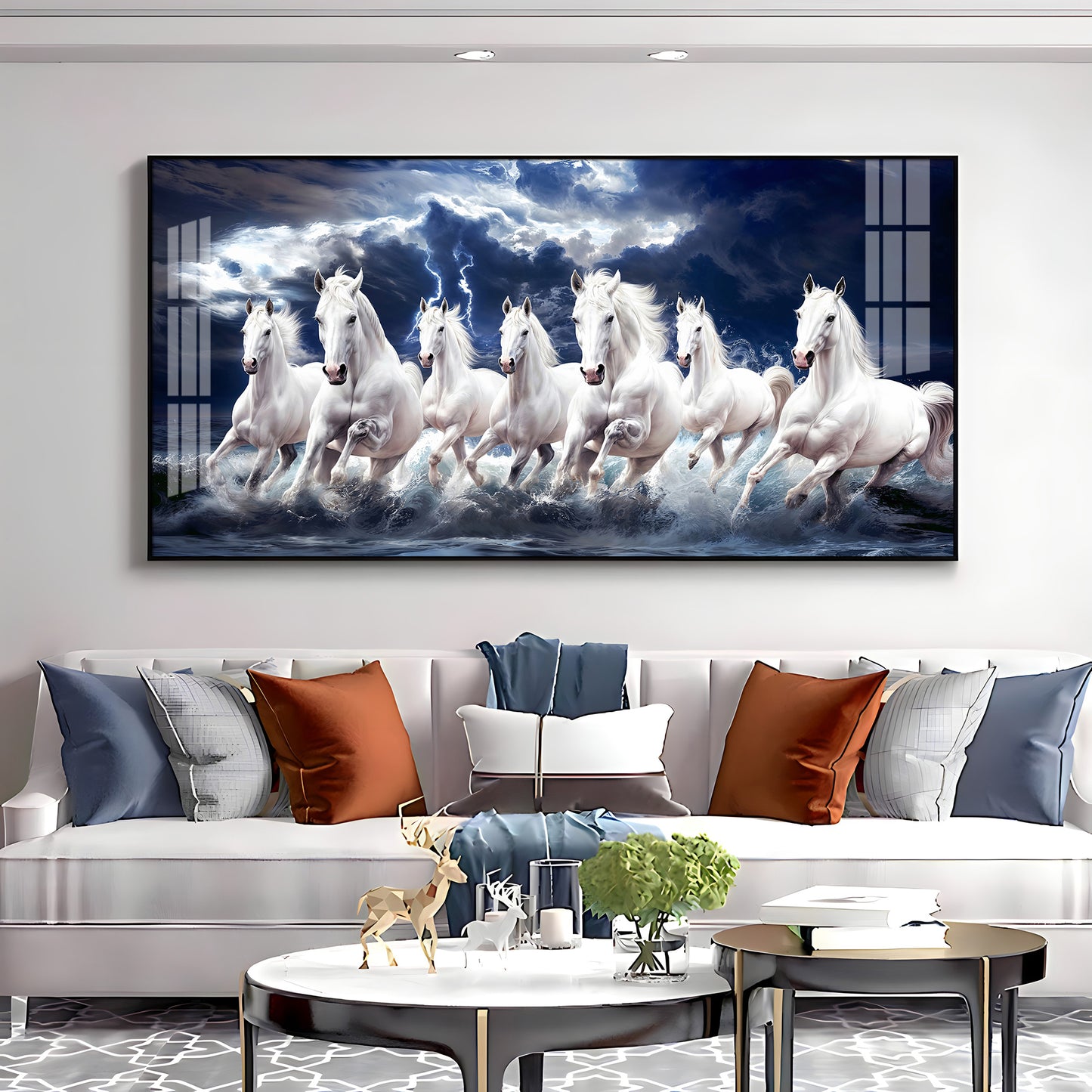 Seven White Horses Gallop In the Sea Premium Acrylic Horizontal Wall Art