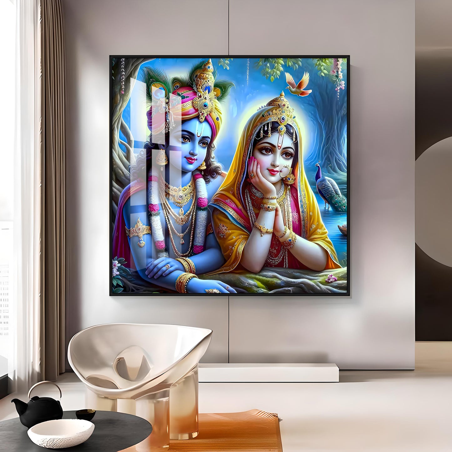 Radha Krishna In Vatika Premium Acrylic Square Wall Art