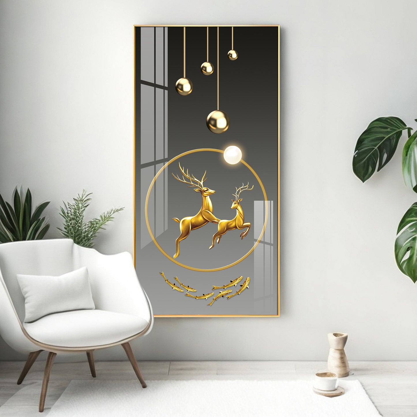 Dancing Golden Reindeer Premium Acrylic Vertical Wall Art