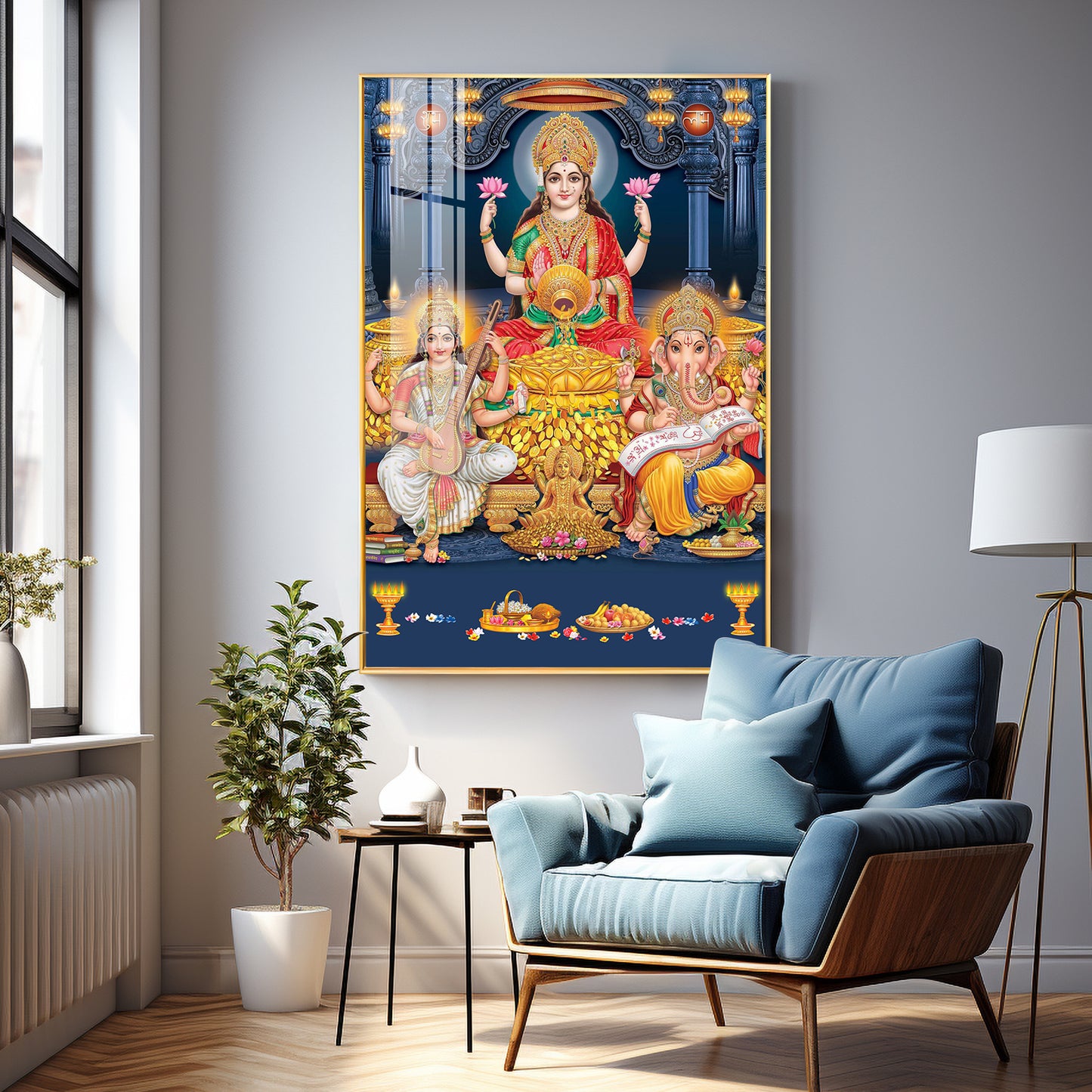 Spiritual Laxmi Ji With Flower Premium Acrylic Vertical Wall Art