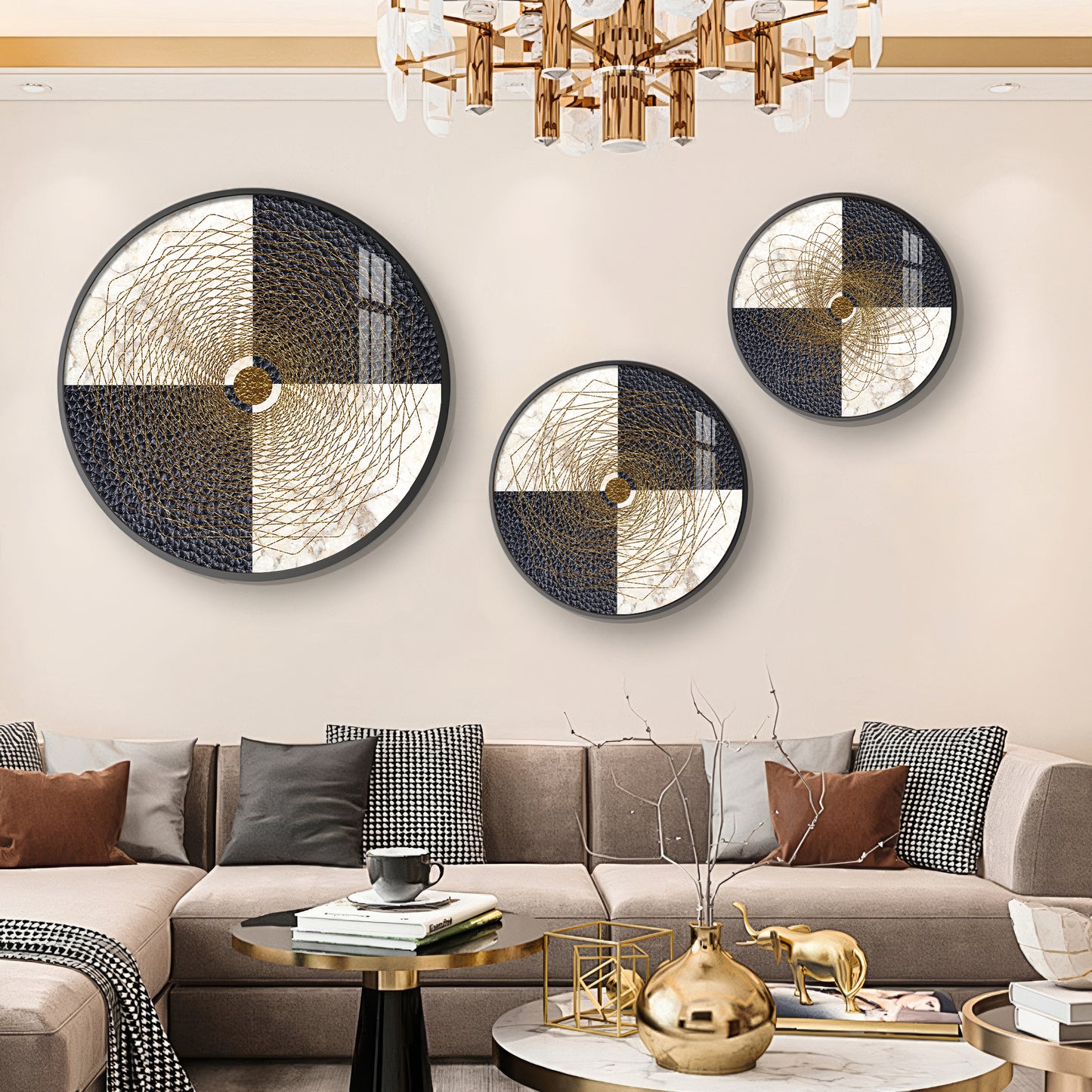 Spiral Line In Golden Premium Acrylic Round Wall Art (Set of 3)