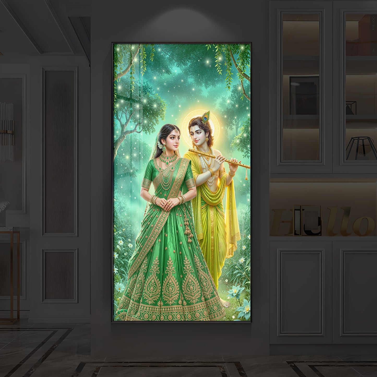 Shri Radhe Krishna Modern Luxury Backlight Vertical Wall Art