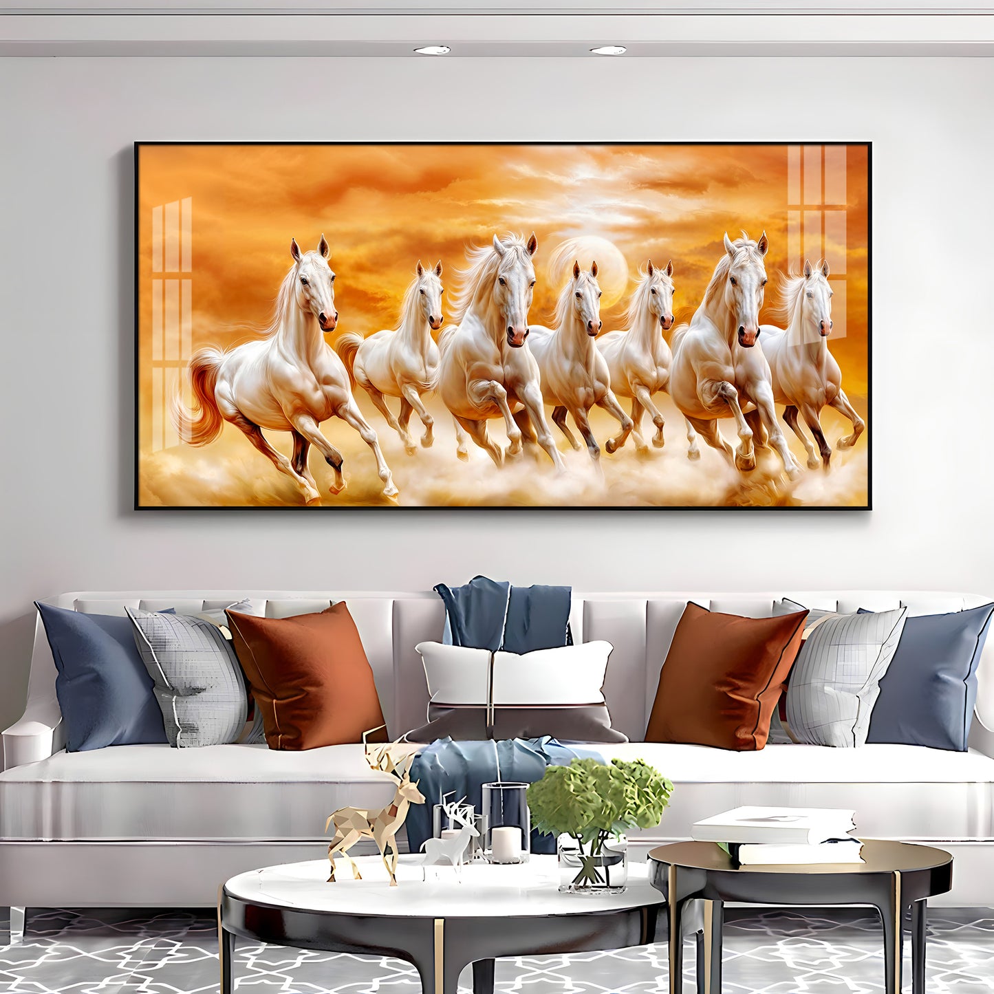 Vastu 7 Running White Horses Premium Acrylic Horizontal Wall Art