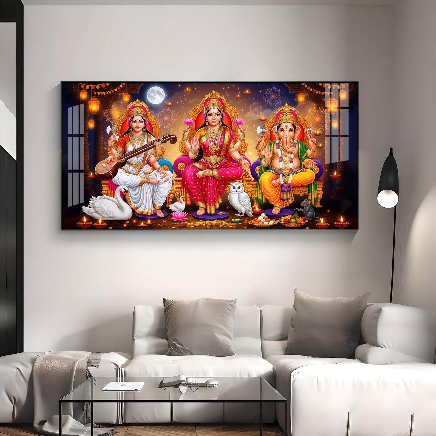 Maa Laxmi With lord Ganesh ji and Godess Saraswati Premium Acrylic Horizontal Wall Art