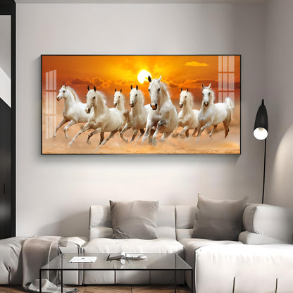 White 7 Running Horses Premium Acrylic Horizontal Wall Art