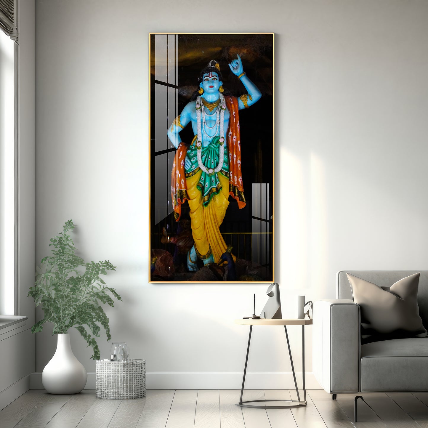 Krishna Lifting Govardhan Parvat Premium Acrylic Vertical Wall Art