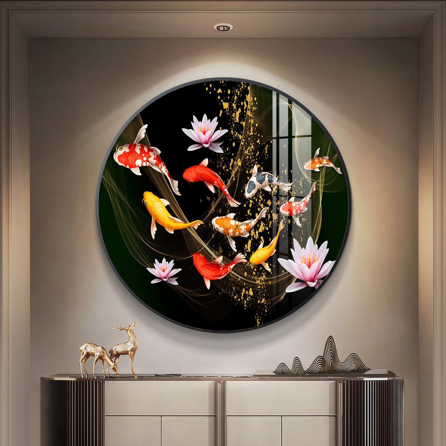 Colorful Koi In Motion Premium Acrylic Round Wall Art