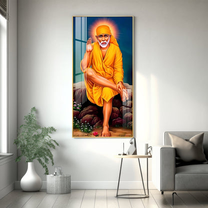 Shirdi Sai Baba Premium Acrylic Vertical Wall Art - 24X12 inches / Gold