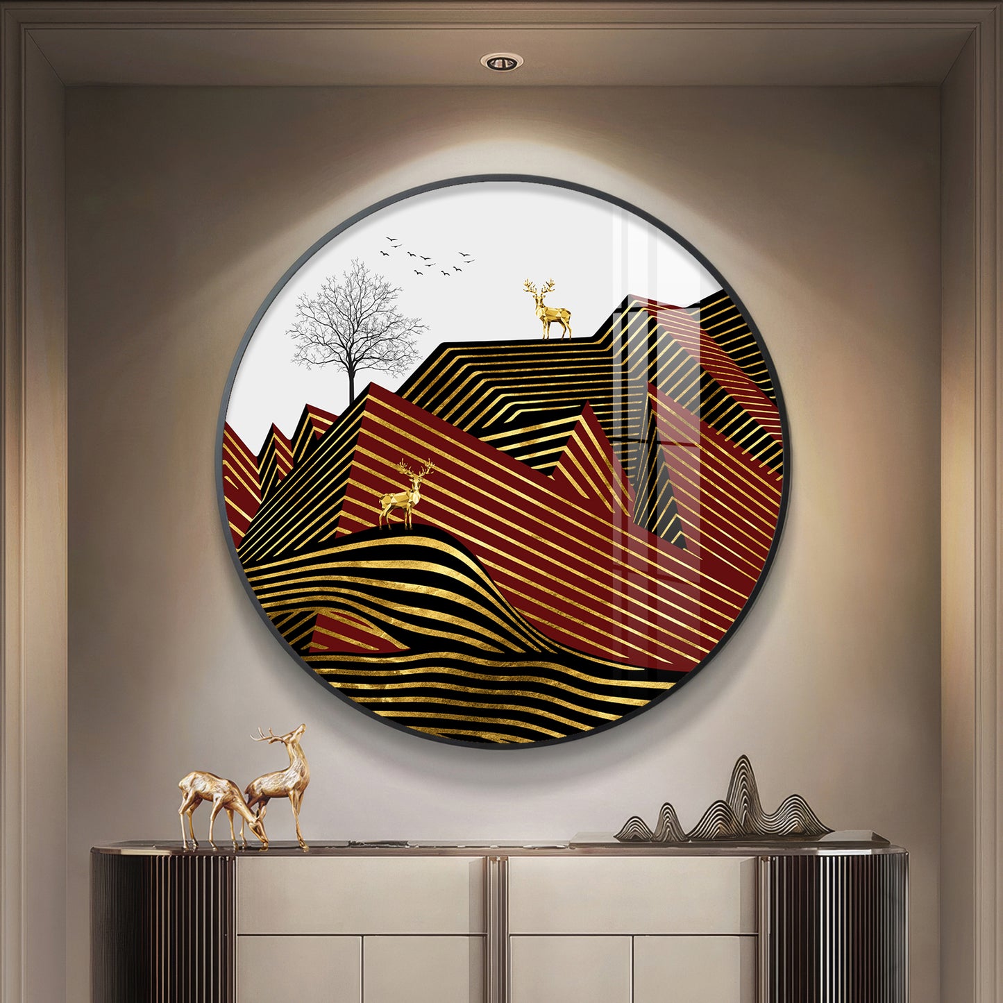 Deer and Mountain Premium Acrylic Round Wall Art