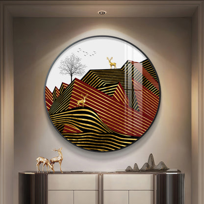 Deer and Mountain Premium Acrylic Round Wall Art