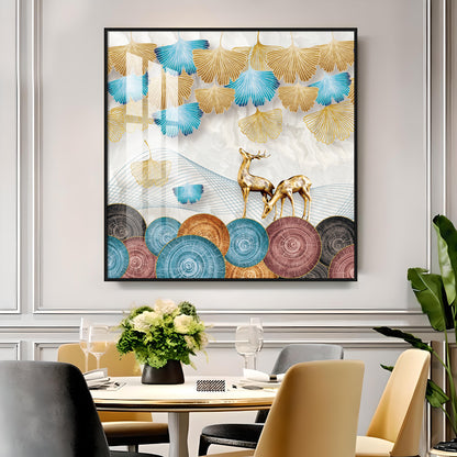 Golden Deer With Ginkgo Leaf Premium Acrylic Square Wall Art