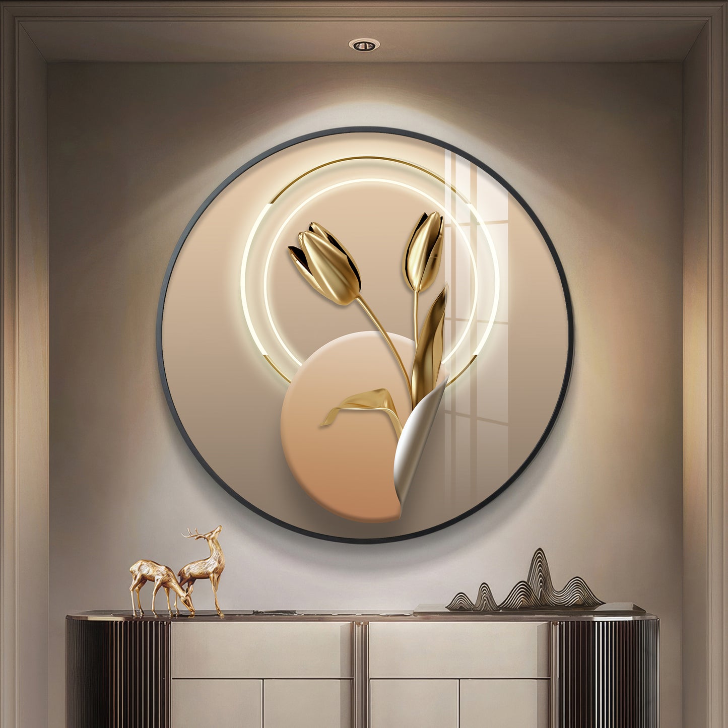 Golden Petal Premium Acrylic Round Wall Art