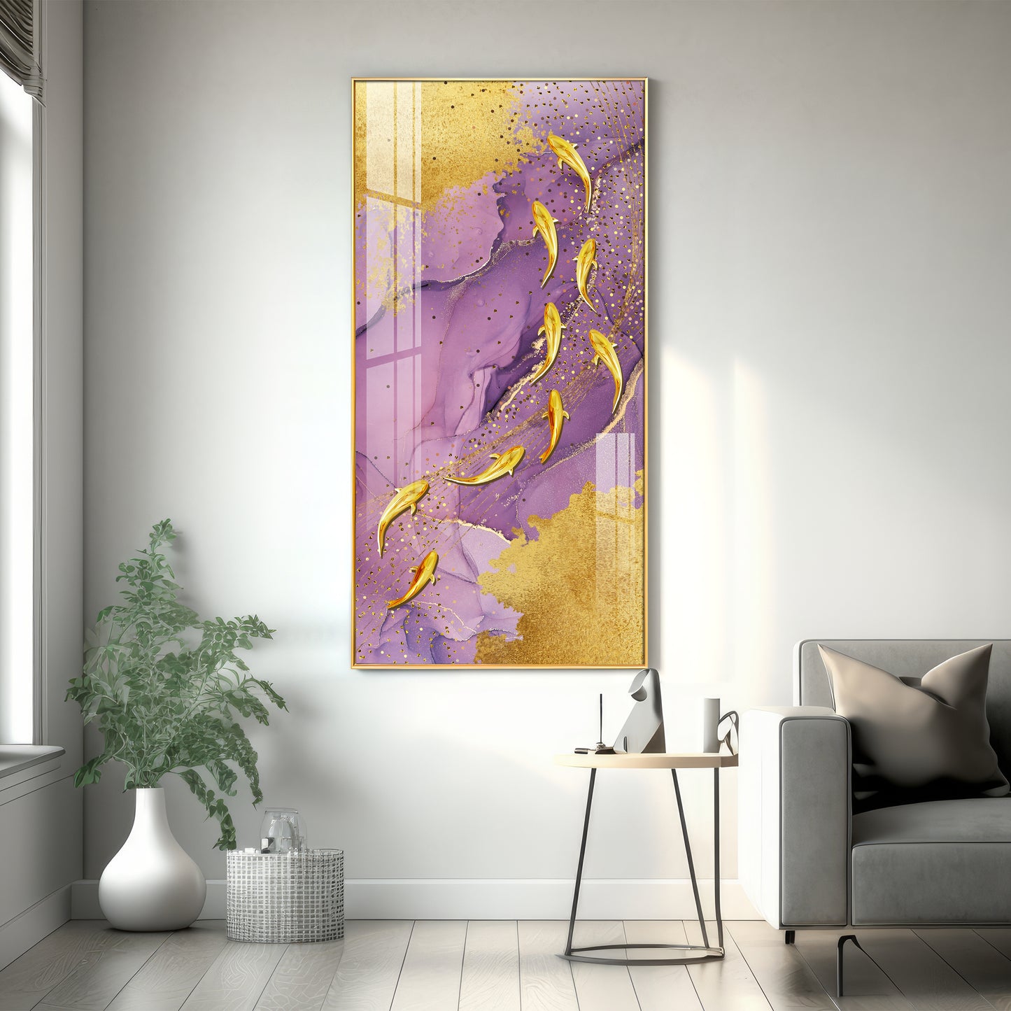 Purple Textured Golden Fish Premium Acrylic Vertical Wall Art