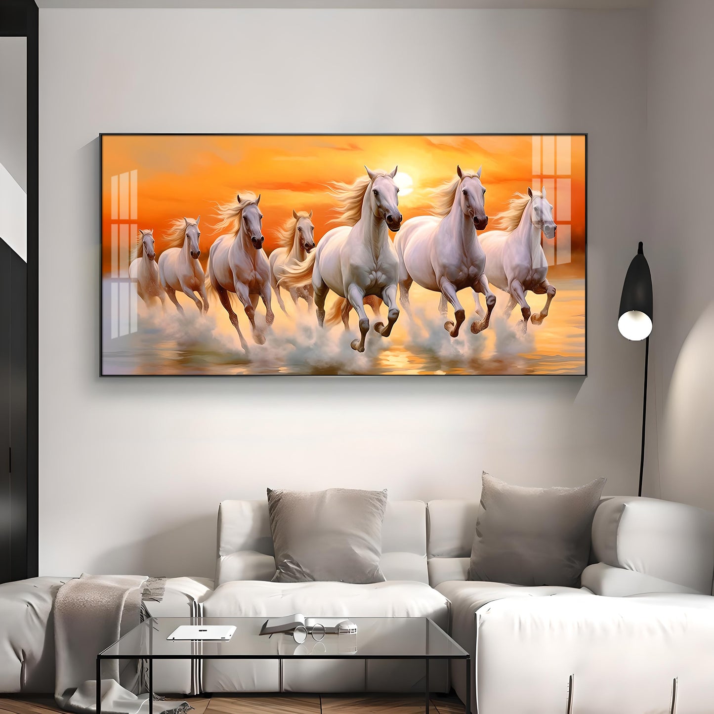 Seven White Running Horses With Sunrise Premium Acrylic Horizontal Wall Art