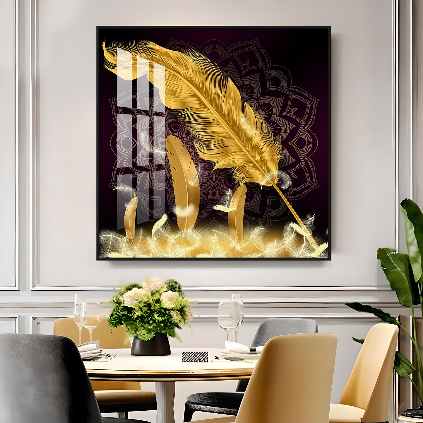 Golden Feather Light Luxury Premium Acrylic Square Wall Art