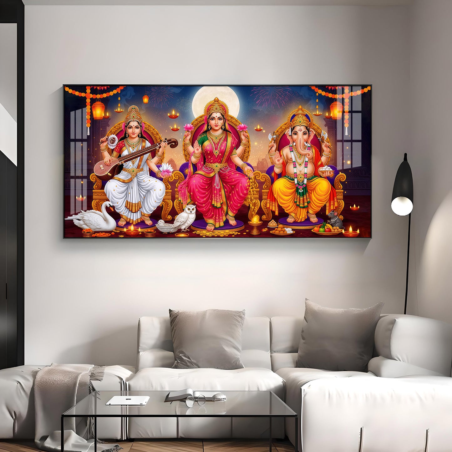 Lord Ganesha With Godess Saraswati and Maa Laxmi Premium Acrylic Horizontal Wall Art