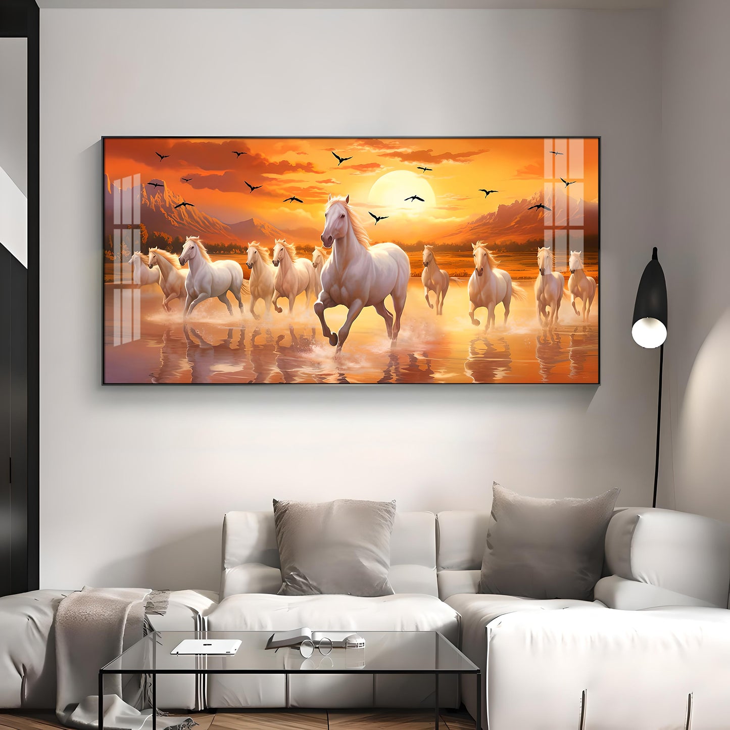 White Running Horses With Sunrise Premium Acrylic Horizontal Wall Art