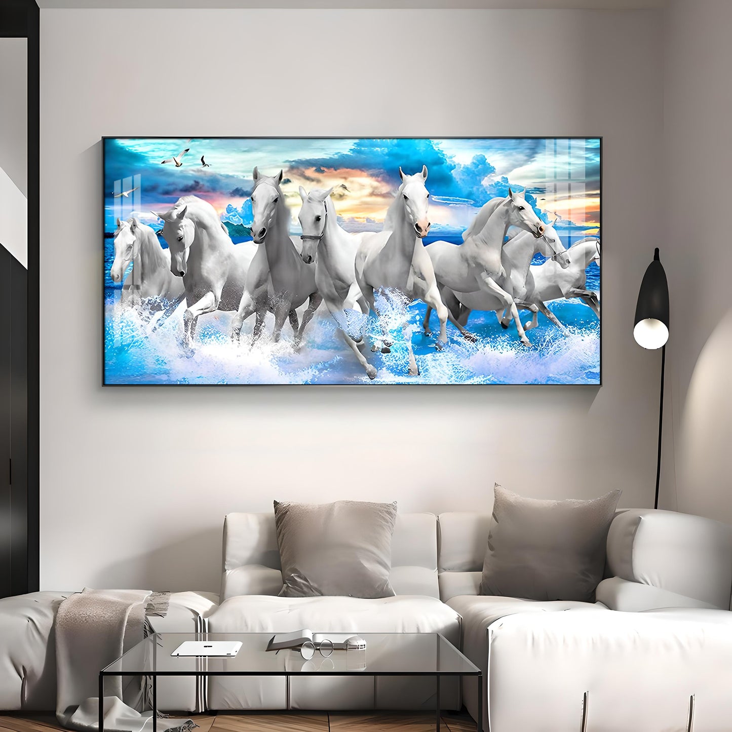 Vastu Running Horses With Sunrise Premium Acrylic Horizontal Wall Art