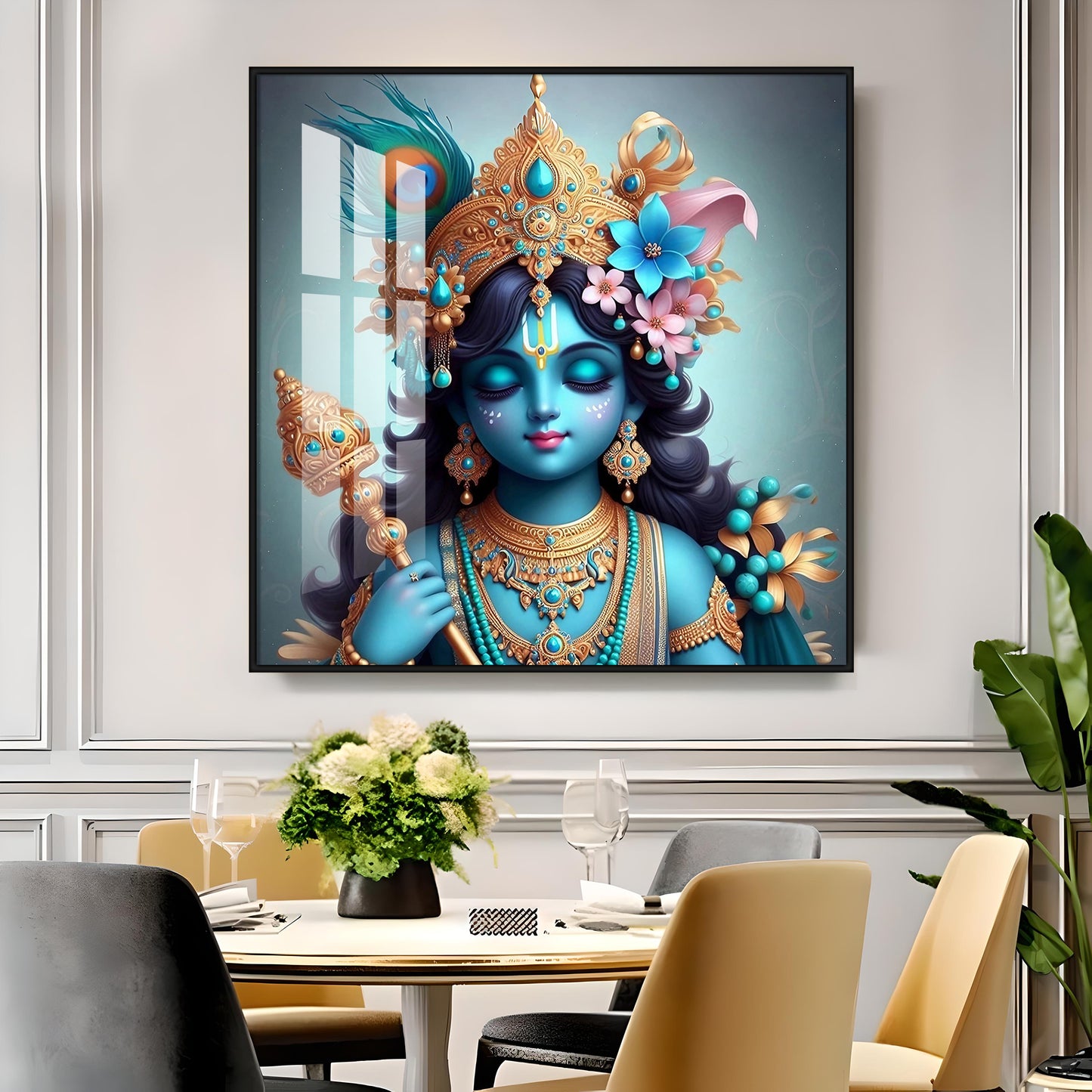 Beautiful Lord Krishna with Flute Premium Acrylic Square Wall Art