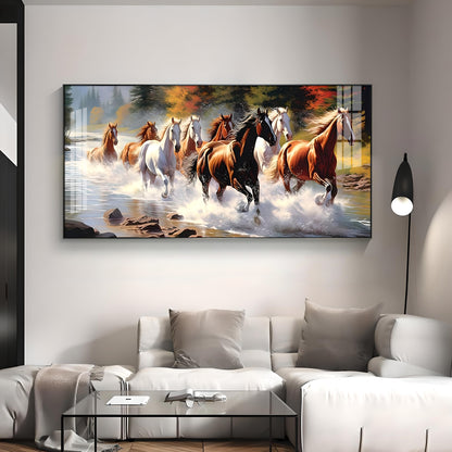 Running Horses in River Premium Acrylic Horizontal Wall Art