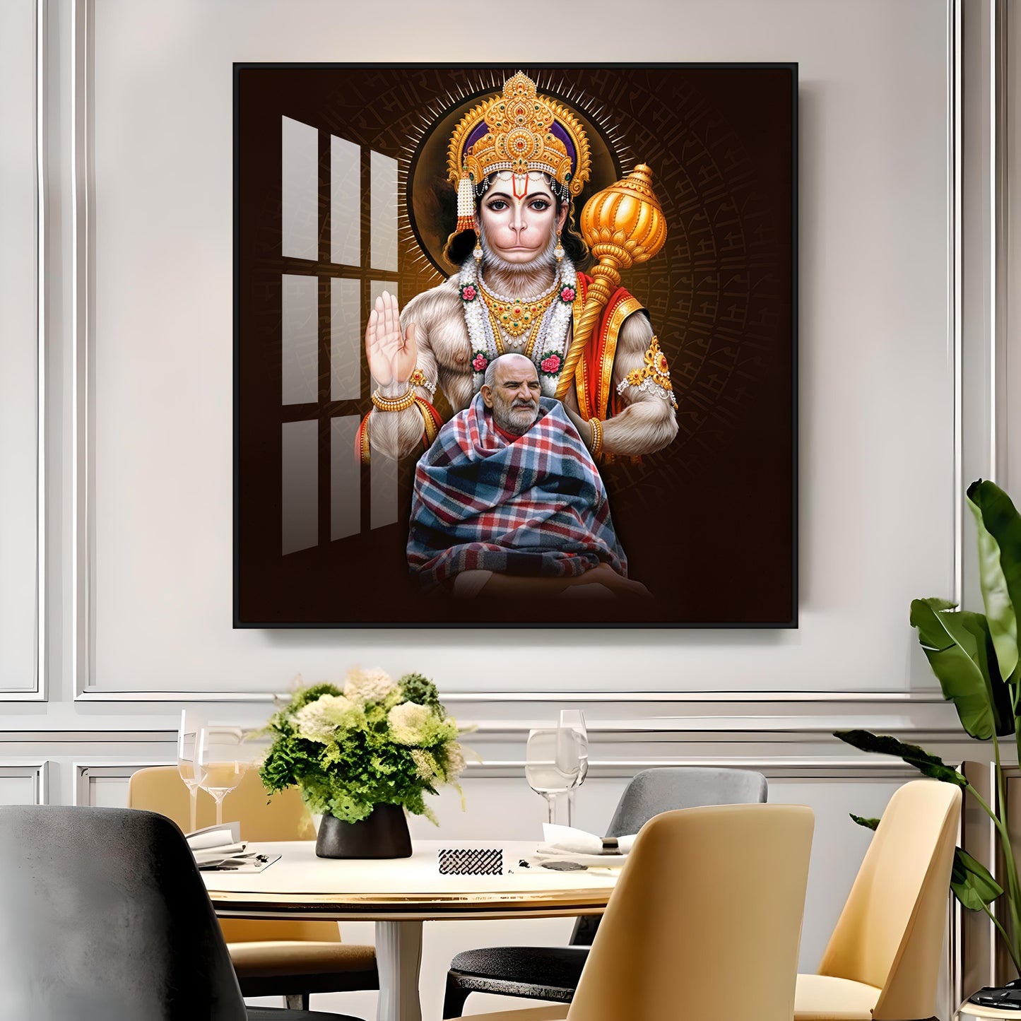 Lord Hanuman Ji and Need Karoli Baba Premium Acrylic Square Wall Art