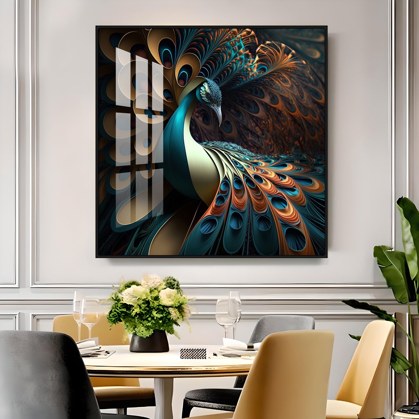 Peacock Is Shown With Large Feather Premium Acrylic Square Wall Art