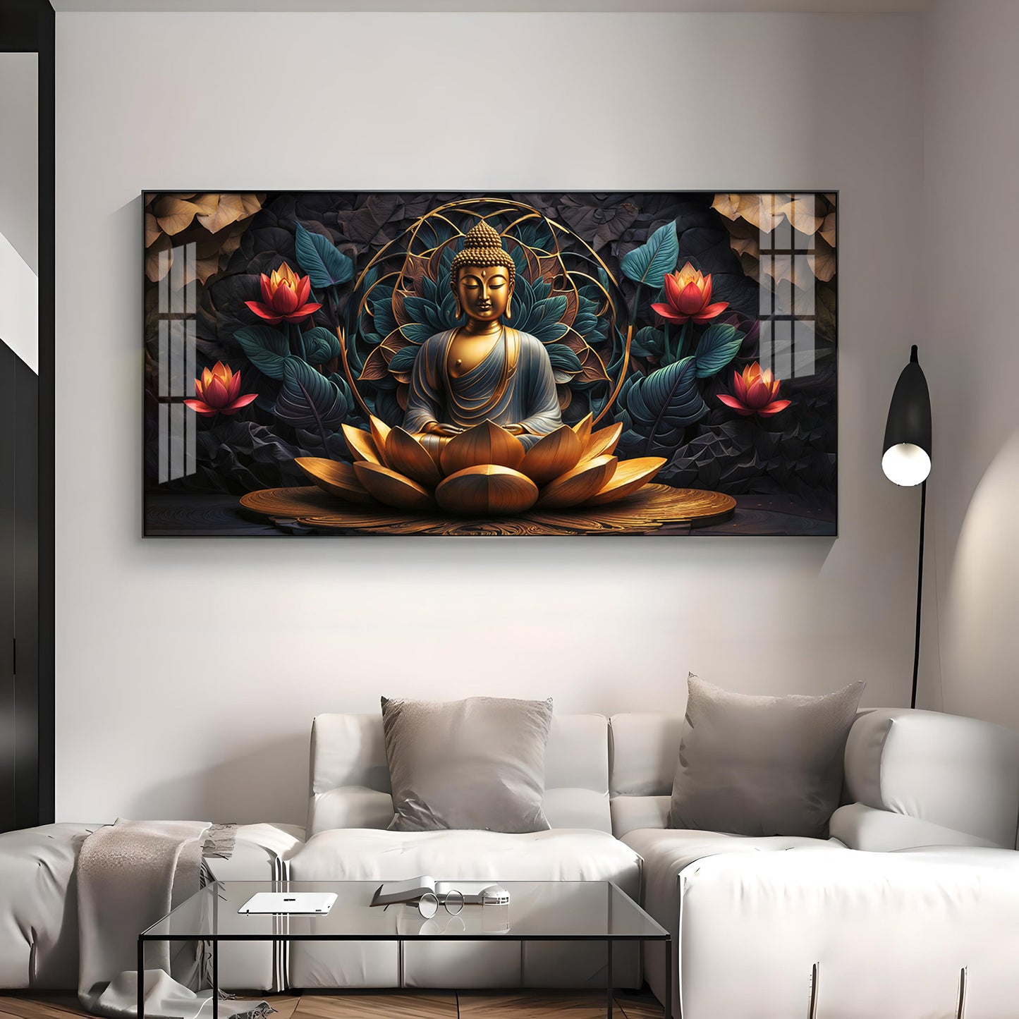 Buddha's Reflection With Sacred Lotus Premium Acrylic Horizontal Wall Art