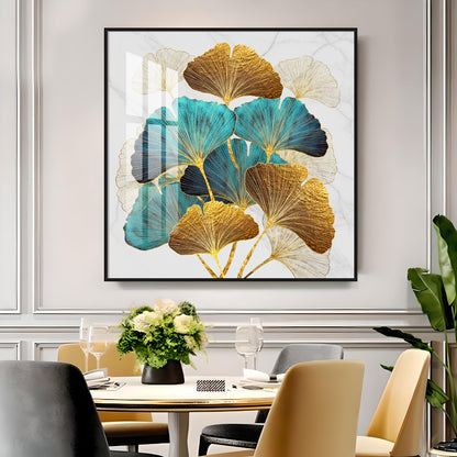 Golden Blue Ginkgo Leaf Premium Acrylic Square Wall Art