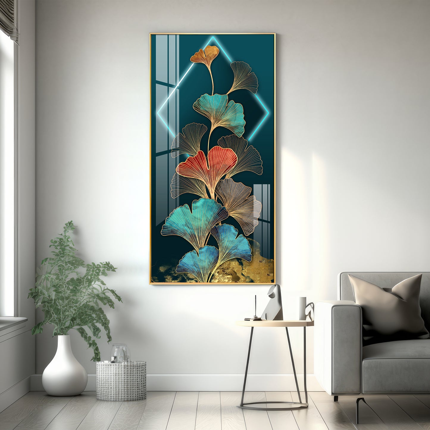 Ginkgo Leaf Entrance Hall Gold Foil Premium Acrylic Vertical Wall Art