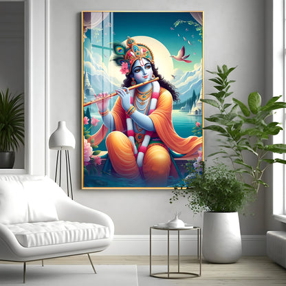 Lord Krishna Devotion Premium Vertical Acrylic Wall Art