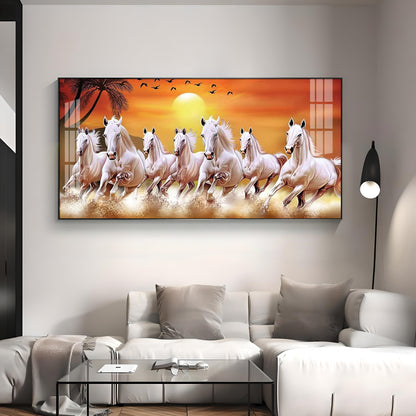 7 White Running Horses in The Sea With Sunrise Premium Acrylic Horizontal Wall Art