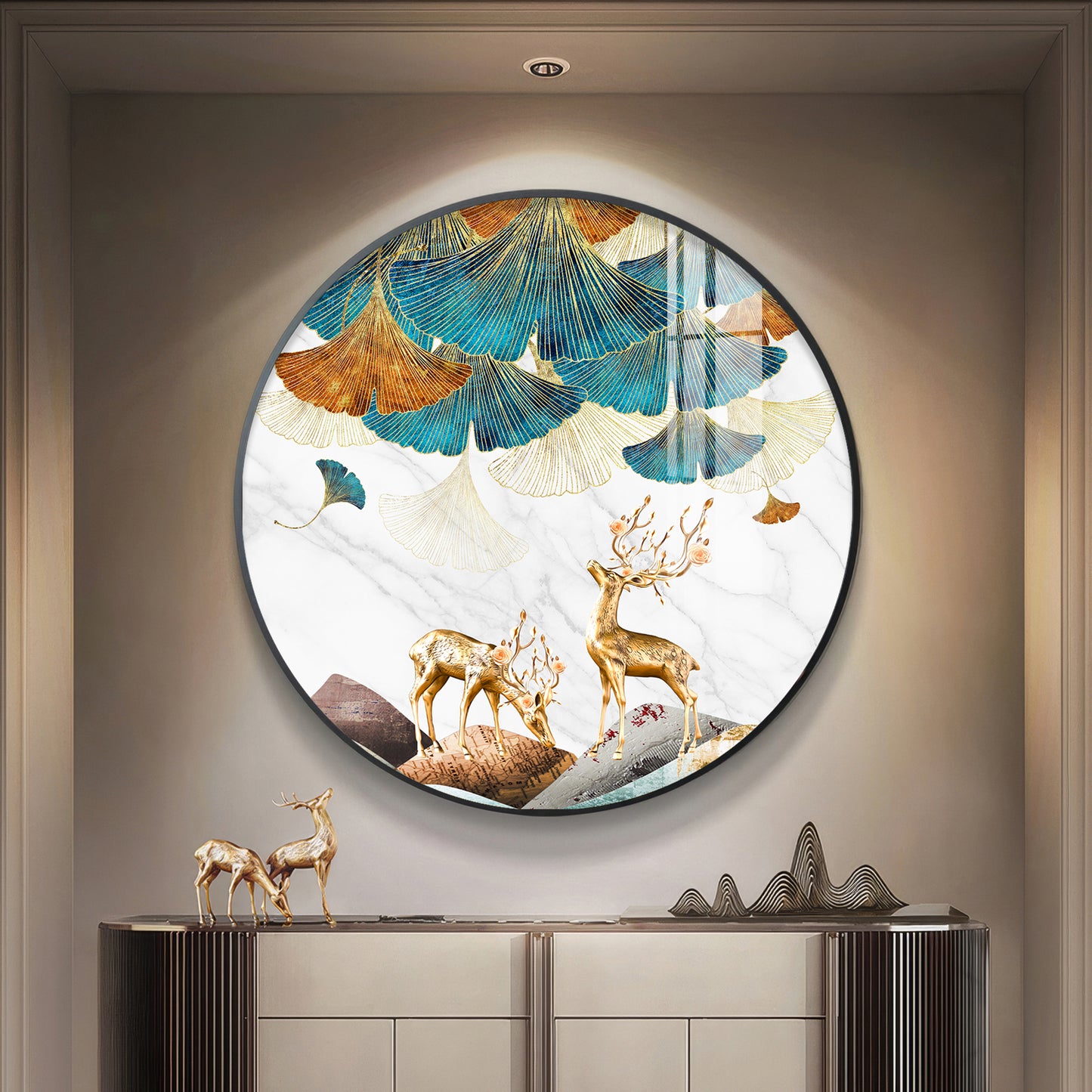 Deer and Leaves Premium Acrylic Round Wall Art